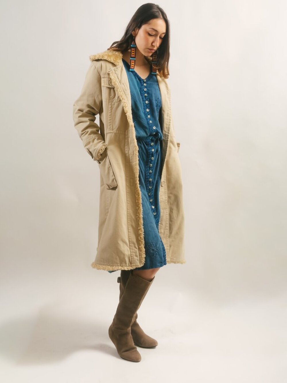 Y2K Fur Lined Coat (L) large tan vintage womens Penny Lane baddie cute diva chic
